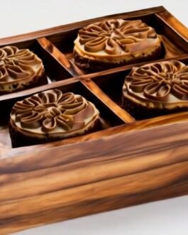 (Mooncake Box)Tempat Penyimpanan Makanan Kotak Kue Bulan Kayu Jati 4 Bagian 22,5 x 22,5 x 8,5 cm